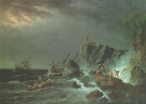 A Rocky Coast In Storm With A Shipwrecked Sailing Boat And Fishermen Casting A Rope To A Rowing Boat In Peril Oil Painting by Philip James de Loutherbourg