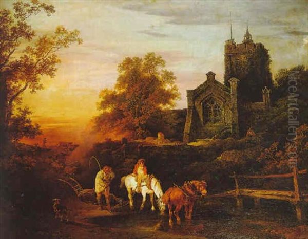 A Sunset Evening, The Curfew Tolls The Knell Of Parting Day Oil Painting by Philip James de Loutherbourg