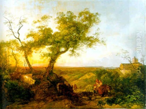 The Roman Campagna With Travellers On A Path, The Hilltop Town Of Neme Beyond Oil Painting by Philip James de Loutherbourg