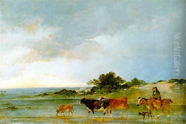 A Mounted Peasant And Her Cattle Fording Stream Oil Painting by Philip James de Loutherbourg