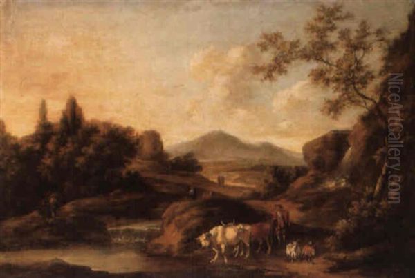 An Extensive Italianate Landscape With A Drover, Cattle And Goats Oil Painting by Philip James de Loutherbourg