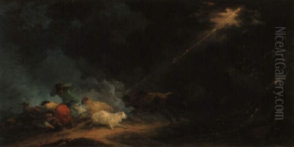 Peasants And Cattle Sheltering From Lightning In A Stormy Landscape Oil Painting by Philip James de Loutherbourg