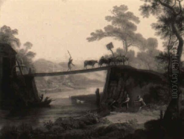 River Landscape With Fishermen And Cattle Drover by Philip James de Loutherbourg