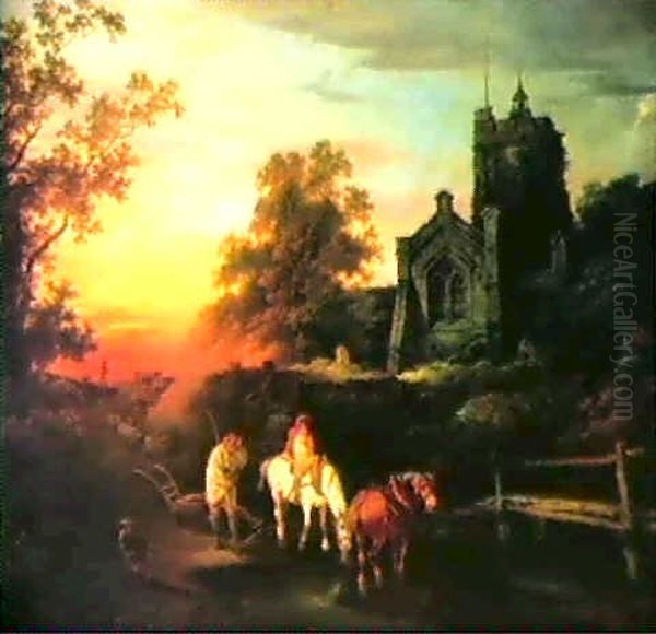 Sunset Evening - The Curfew Tolls The Knell Of Parting Day Oil Painting by Philip James de Loutherbourg