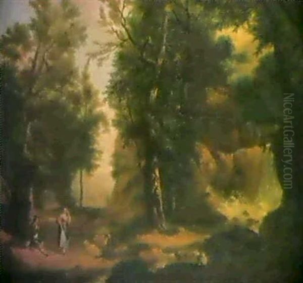 Figures And Sheep Before A Waterfall In A Wooded Landscape, A Town Beyond Oil Painting by Philip James de Loutherbourg