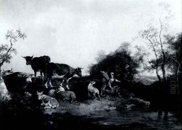 Landscape With A Cowherd With His Herd And A Peasant Girl Bya Stream Oil Painting by Philip James de Loutherbourg