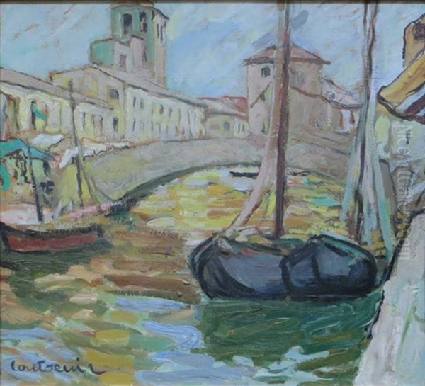 Bateaux Amarres Dans Un Canal Oil Painting by Maurice Albert Loutreuil