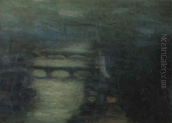 Les Ponts De Rouen, La Nuit Oil Painting by Maurice Louvrier