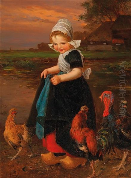 Dutch Girl With Chickens And Turkey Oil Painting by Edmond Louyot