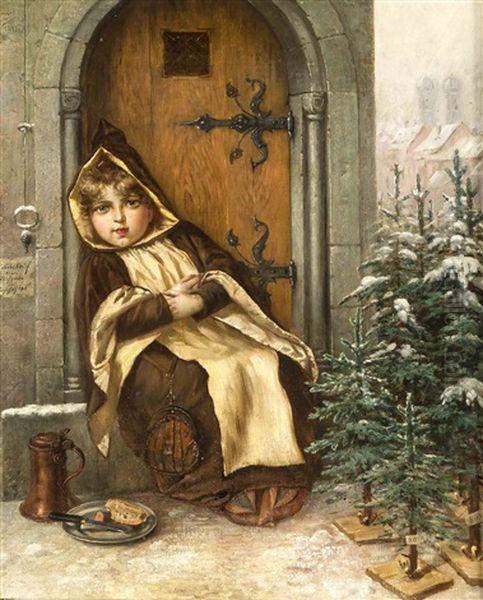 Kleines Madchen Beim Verkauf Von Weihnachtsbaumen Am Eingang Des Munchener Rathauses Oil Painting by Edmond Louyot