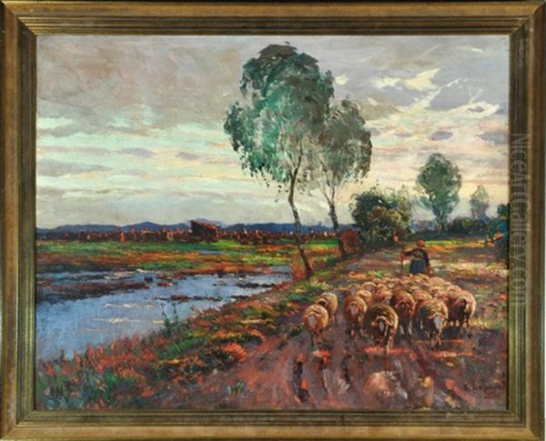 Schafer Mit Schafherde Im Dachauer Moos Oil Painting by Edmond Louyot