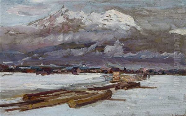 Aus Partenkirchen. Winterlandschaft An Der Loisach Mit Zugspitzmassiv Oil Painting by Edmond Louyot