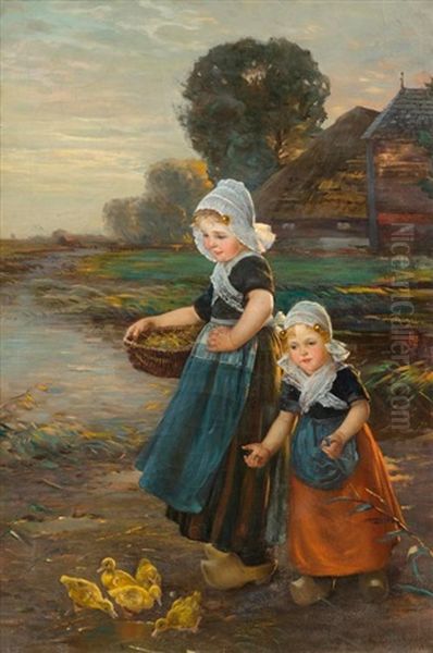 Kinder Beim Futtern Der Enten Oil Painting by Edmond Louyot