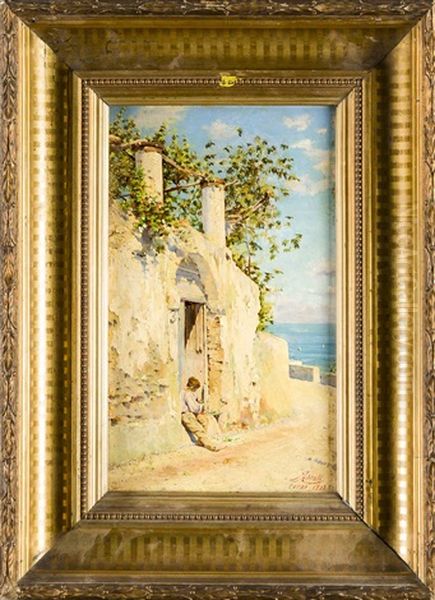 Junge An Der Pforte Eines Hauses Auf Capri Mit Ausblick Aufs Meer Oil Painting by Augusto Lovatti