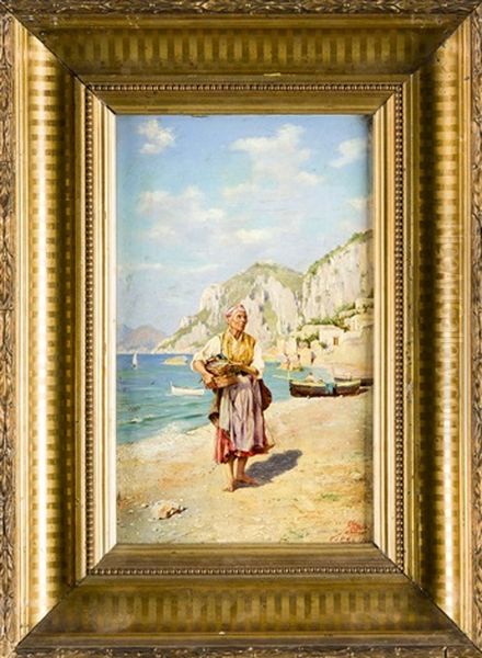 Fischverkauferin Am Strand Von Capri Oil Painting by Augusto Lovatti