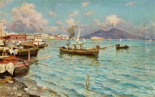 Fischerboote Im Golf Von Neapel Oil Painting by Augusto Lovatti