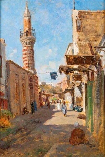 Minaret Dans Une Rue Du Caire Oil Painting by Augusto Lovatti