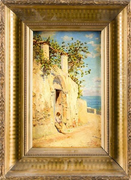 Junge An Der Pforte Eines Hauses Auf Capri Mit Ausblick Aufs Meer Oil Painting by Augusto Lovatti