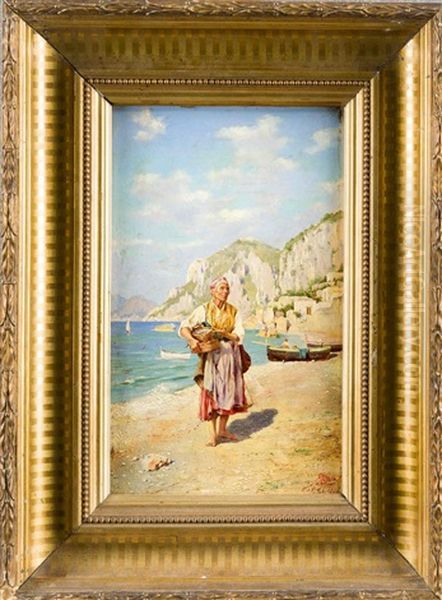 Fischverkauferin Am Strand Von Capri Oil Painting by Augusto Lovatti