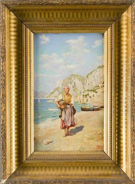 Fischverkauferin Am Strand Von Capri Oil Painting by Augusto Lovatti