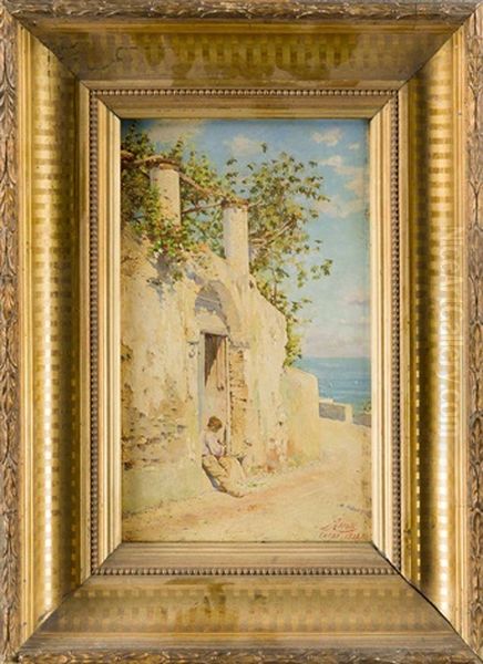 Junge An Der Pforte Eines Hauses Auf Capri Mit Ausblick Aufs Meer Oil Painting by Augusto Lovatti