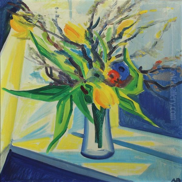 A Vase With Tulips Ad Branches In A Widow Sill Oil Painting by Axel Bentzen