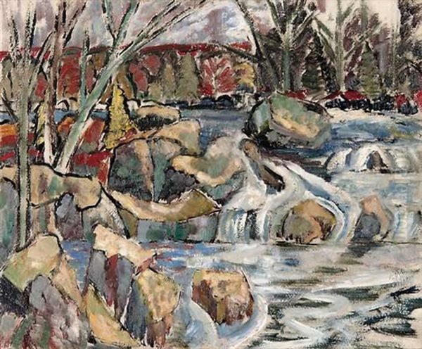 Rapids Through The Autumn Forest Oil Painting by Kenneth Loveless