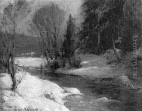 Winter Landscape With Stream Oil Painting by Frank W. Loven