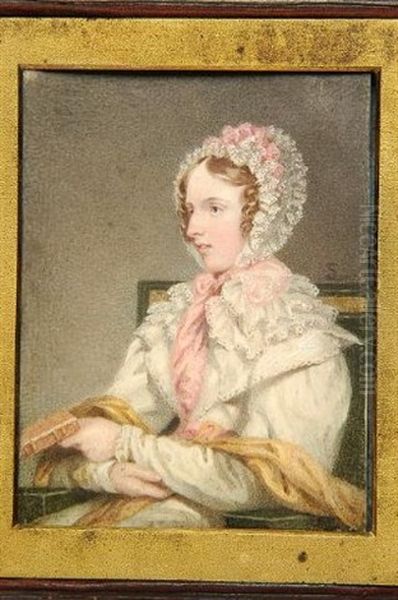 A Lady, Seated, Wearing White Dress With Layered Lace Collar, Matching Bonnet Adorned With Pink Ribbons And Yellow Shawl Across Her Lap, She Holds A Book Oil Painting by Samuel Lover