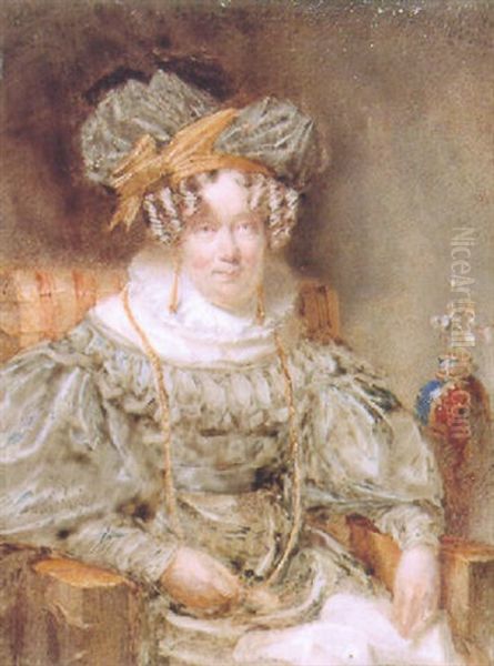 Portrait Of A Lady, Seated, In Brown Satin Dress With Matching Hat Oil Painting by Samuel Lover