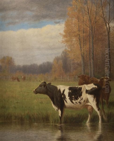 Cows In A Pastoral Autumn Landscape Oil Painting by Clinton Loveridge