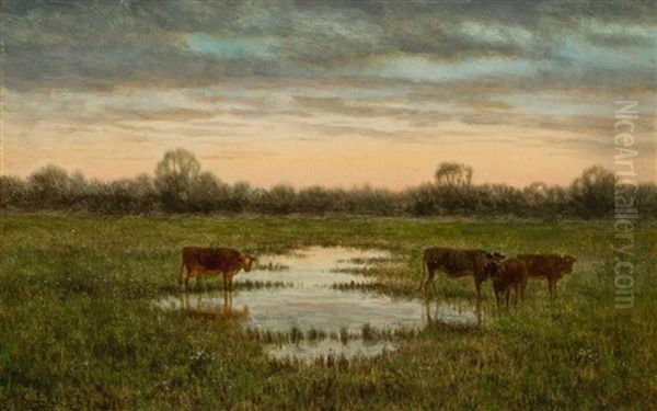 Landscape With Cows At Sunset Oil Painting by Clinton Loveridge