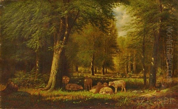 Sheep In A Woodland Pasture Oil Painting by Clinton Loveridge