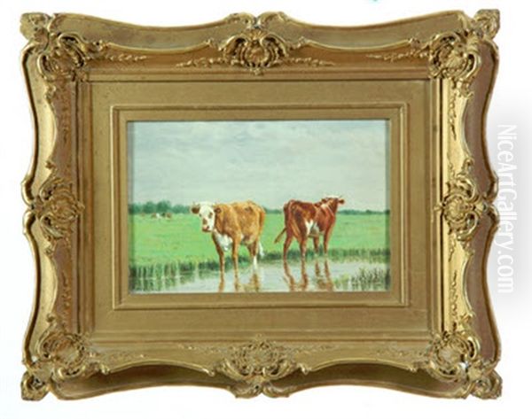 Two Cows In A Stream Oil Painting by Clinton Loveridge