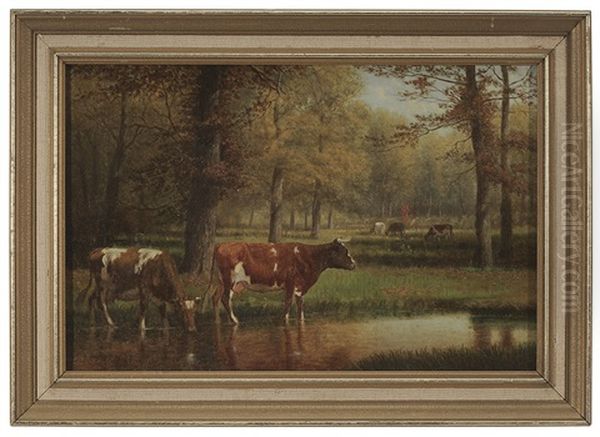 Cows Watering In A Stream Oil Painting by Clinton Loveridge