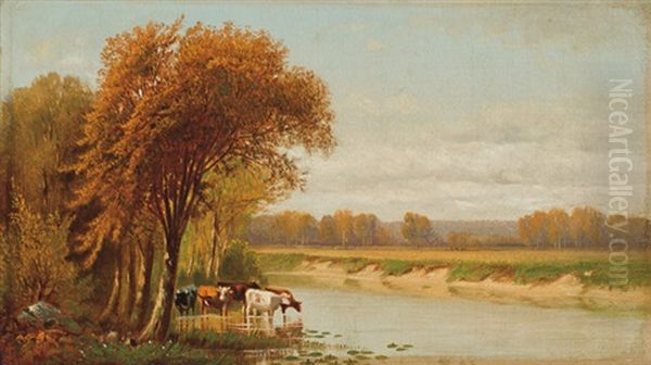 Cattle Along A River; Cattle Watering On A Farm (pair) Oil Painting by Clinton Loveridge