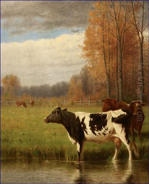 Cows In Pastoral Autumn Landscape Oil Painting by Clinton Loveridge