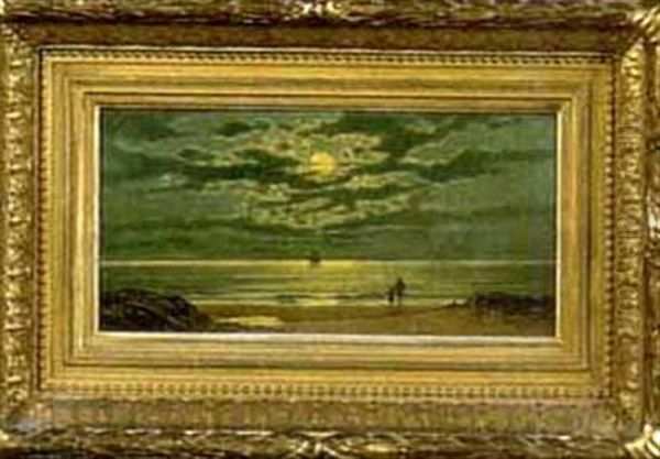 Moonlight Scene Of Figures On A Shore Oil Painting by Clinton Loveridge