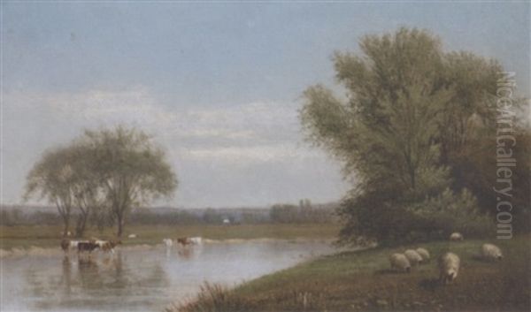 Cattle And Sheep In A River Landscape Oil Painting by Clinton Loveridge