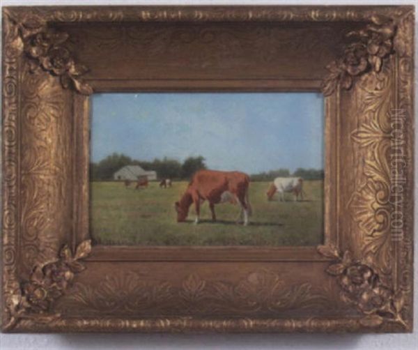 Cows Grazing In A Pasture Oil Painting by Clinton Loveridge