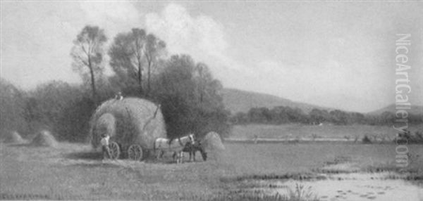 Landscape With A Hay Wagon, Figures And Pond Oil Painting by Clinton Loveridge