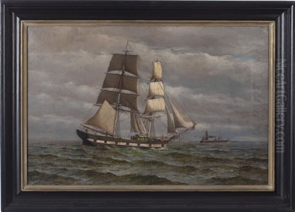 Portrait Of A Two-masted Brig Passing A Steamship Oil Painting by Rominer Lovewell