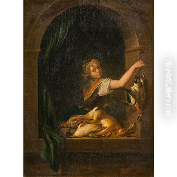 Jeune Homme A Sa Fenetre Au Retour De La Chasse Oil Painting by Pierre-Michel de Lovinfosse