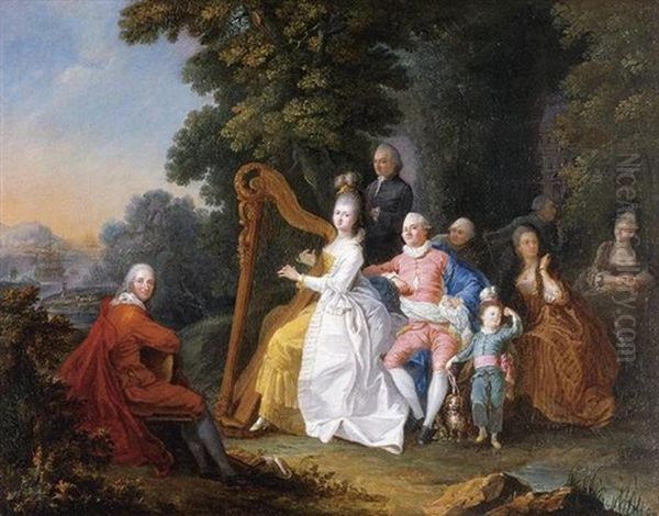 An Elegant Party In The Countryside With A Lady Playing The Harp And A Gentleman Playing The Guitar Oil Painting by Pierre-Michel de Lovinfosse