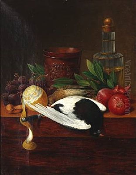 Nature Morte With Birds, Lemon, Bottle And Jug With Carved Coats Of Arms Oil Painting by Christine Marie Lovmand