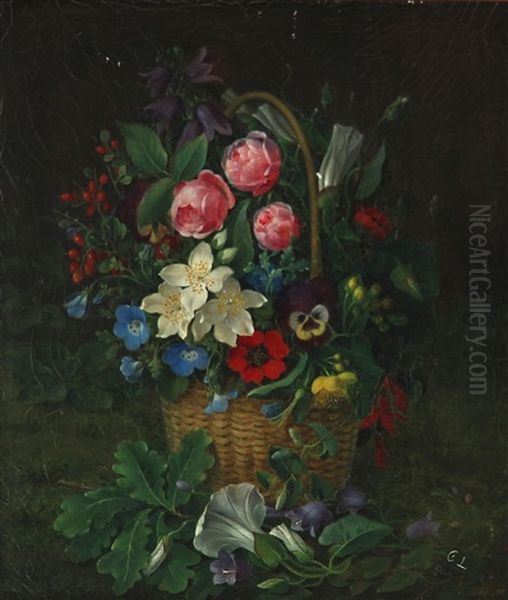 Still Life With Colorful Flowers In A Basket Oil Painting by Christine Marie Lovmand