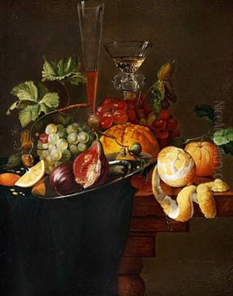 Still Life With Fruit, A Loaf Of Bread And Wine Glasses On A Table (after Henrich Schook) Oil Painting by Christine Marie Lovmand