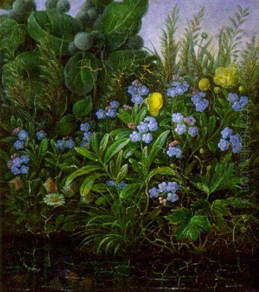 Sommerlandskab Med Blomster Der Spejler Sig I En So Oil Painting by Christine Marie Lovmand