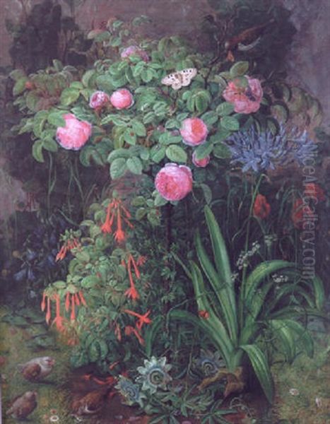 Rosentrae Omgivet Af Passionsblomster Og Fuchsia, Desuden Graspurve Og Sommerfugl Oil Painting by Christine Marie Lovmand