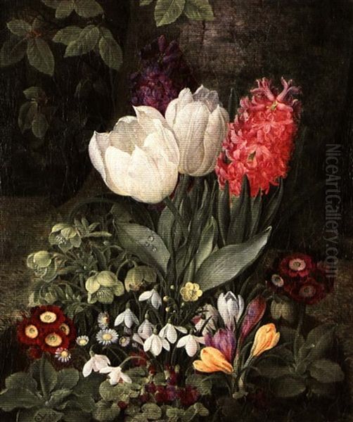 Still Life With Tulips, Crocuses, Primroses, Snowdrops      And Hayacinth Oil Painting by Christine Marie Lovmand